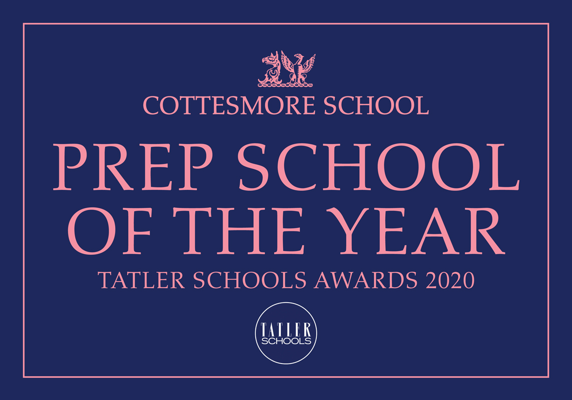 A blue plaque with pink text reads: Cottesmore School, Prep School of the Year, Tatler Schools Awards 2020. The Tatler Schools logo is at the bottom.