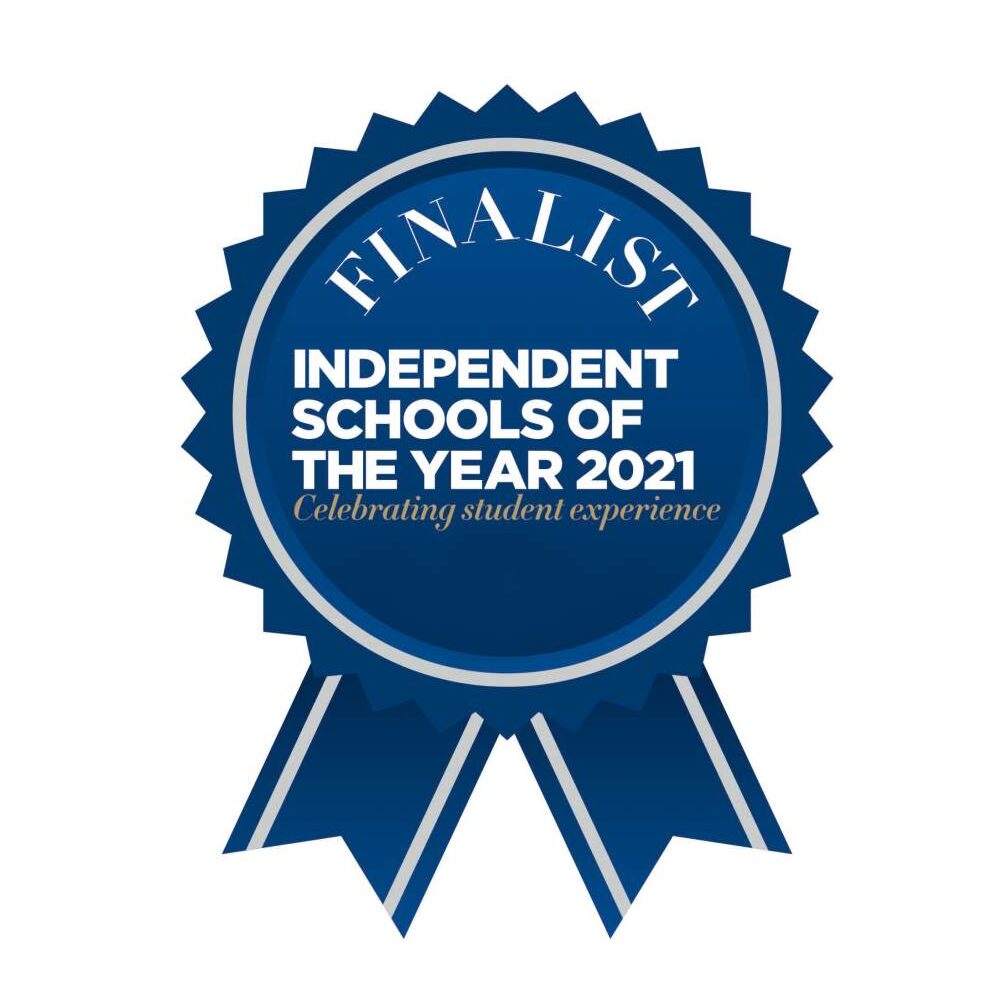 A blue rosette badge with the text FINALIST at the top. Below, it reads INDEPENDENT SCHOOLS OF THE YEAR 2021 and Celebrating student experience.