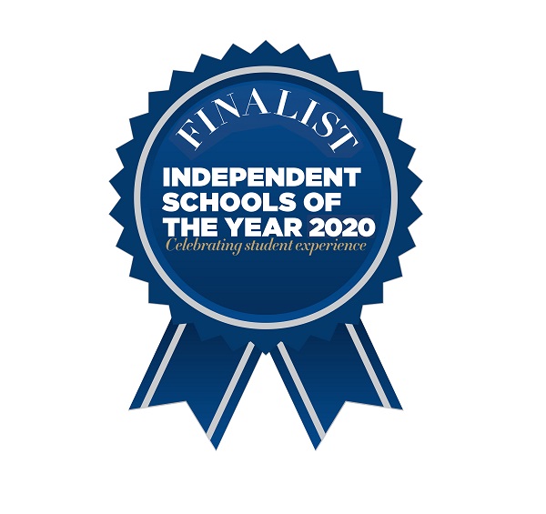 A blue ribbon badge with white text that reads, Finalist Independent Schools of the Year 2020 Celebrating student experience.