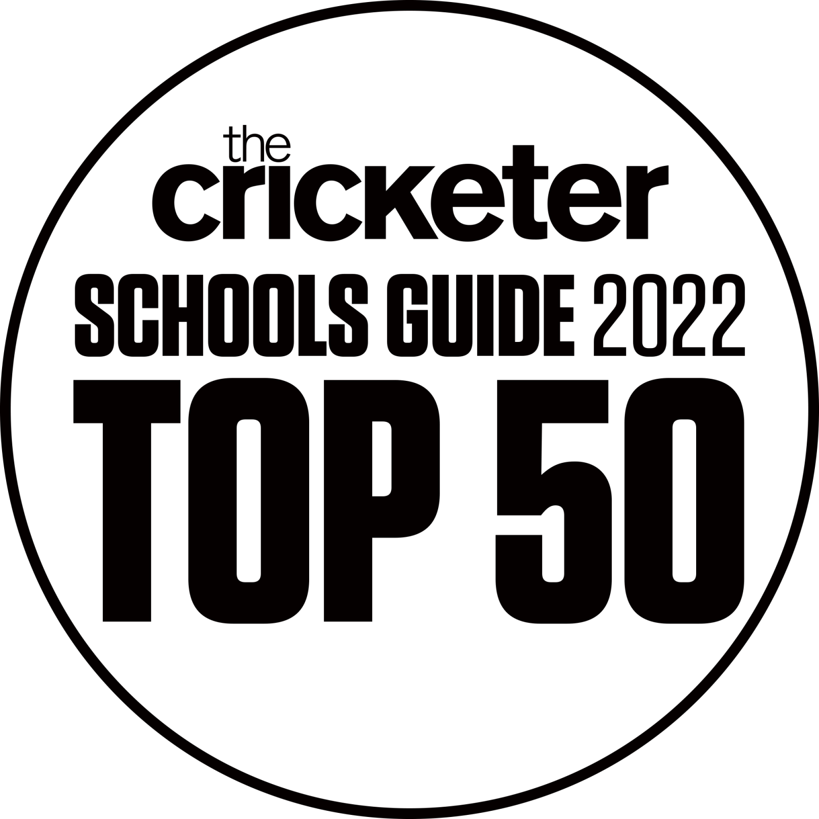 A circular logo with bold black text on a white background reads: The Cricketer Schools Guide 2022 Top 50.