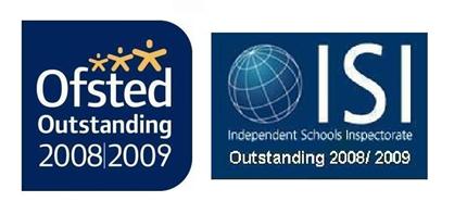 Cottesmores Inspection Reports feature two logos showing Outstanding ratings for 2008/2009: one from Ofsted with figures and another from the Independent Schools Inspectorate (ISI) showcasing a globe design.